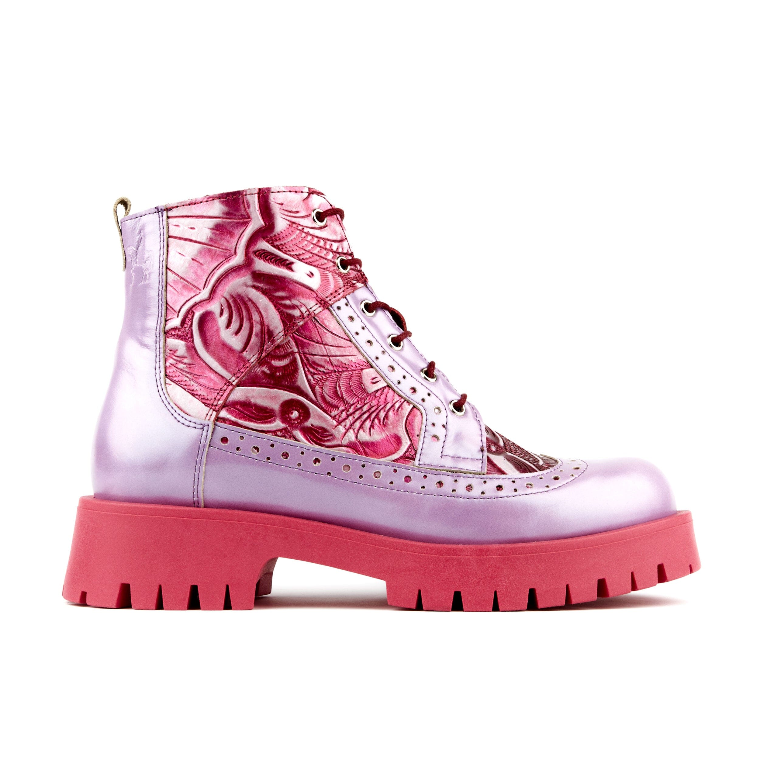 Bamboo Snakeskin Lace Up Combat Style Lug Sole Boots Pink &