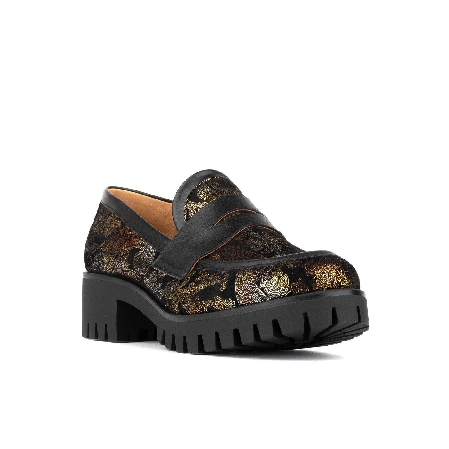 Nancy - Black & Gold Floral Womens Loafers Embassy London