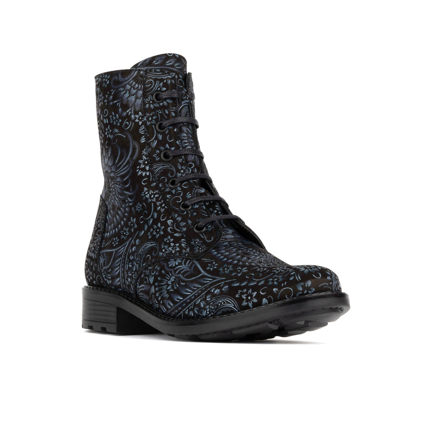 Laviva High - Black & Blue & Silver Floral Womens Ankle Boots Embassy London