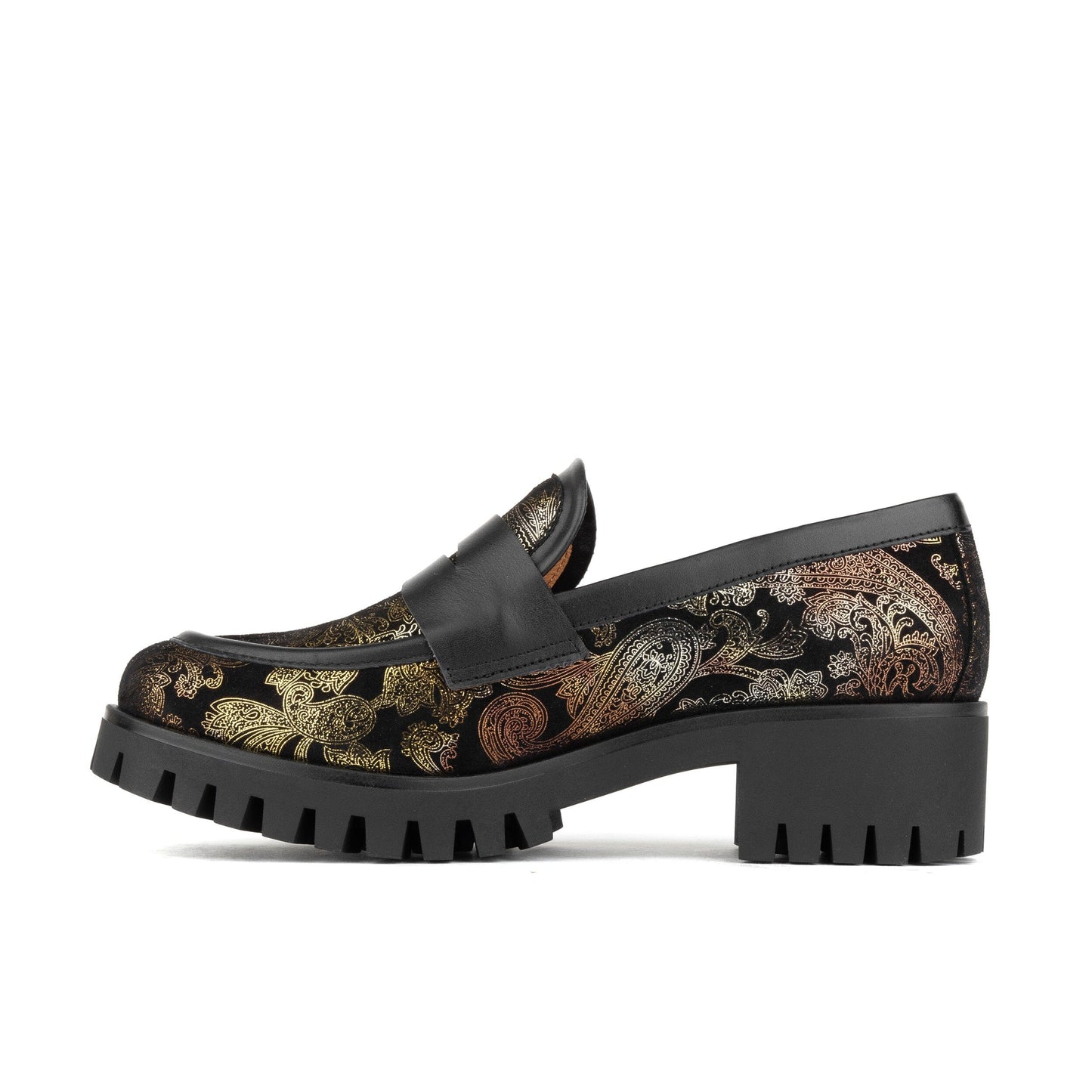 Nancy - Black & Gold Floral Womens Loafers Embassy London