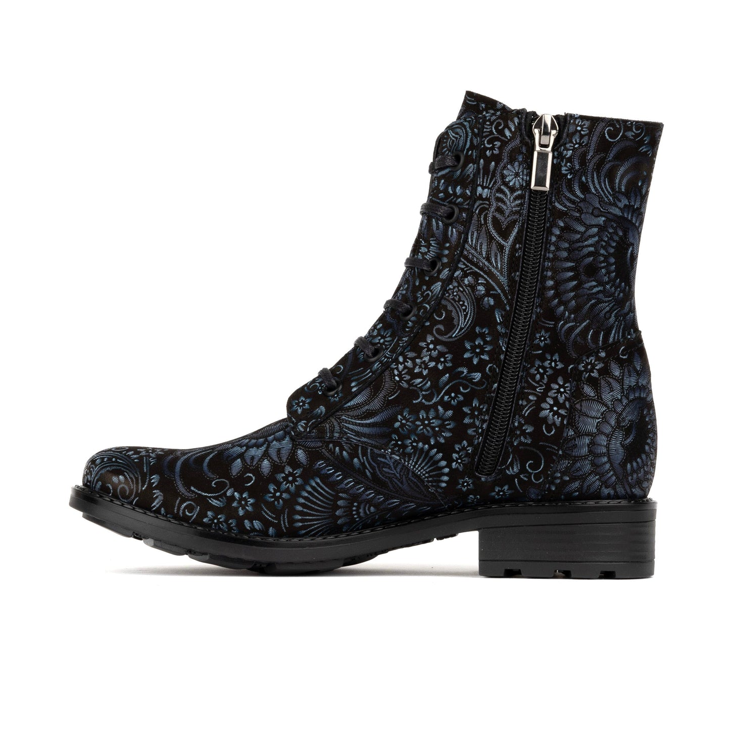 Laviva High - Black & Blue & Silver Floral Womens Ankle Boots Embassy London