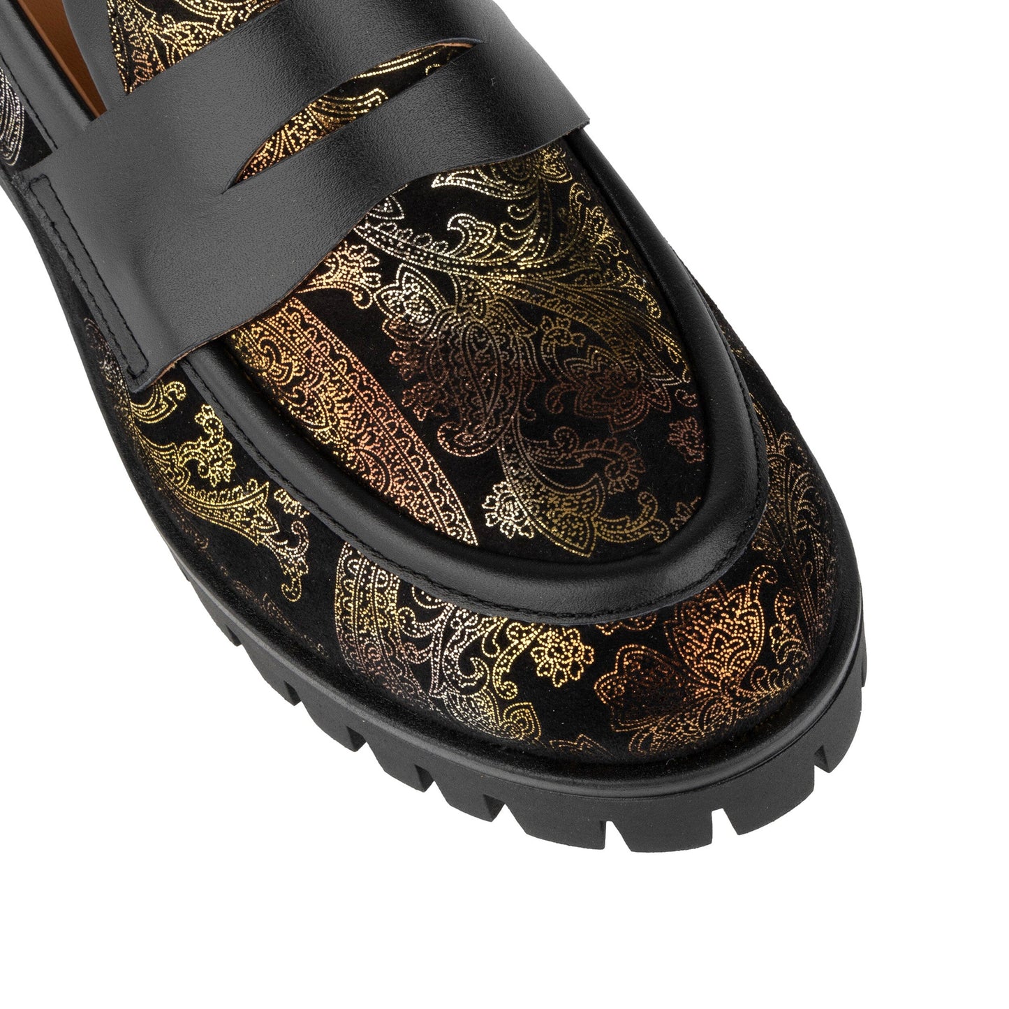 Nancy - Black & Gold Floral Womens Loafers Embassy London