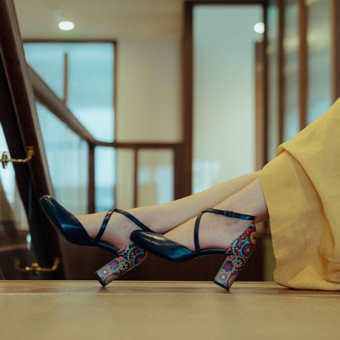 Kylie - Navy & Signature Print Womens Heels Embassy London