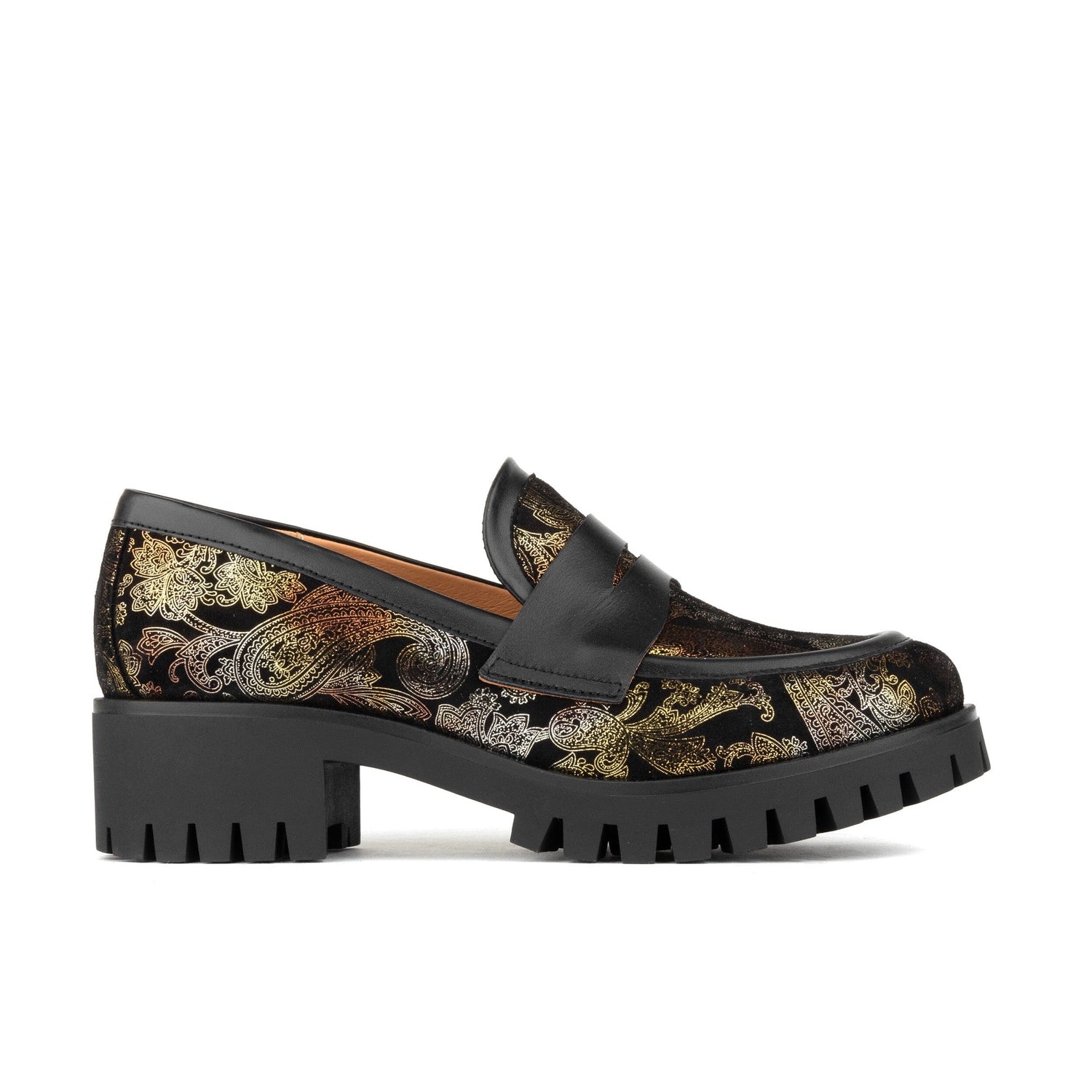 Nancy - Black & Gold Floral Womens Loafers Embassy London 