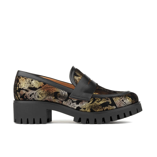 Nancy - Black & Gold Floral Womens Loafers Embassy London 