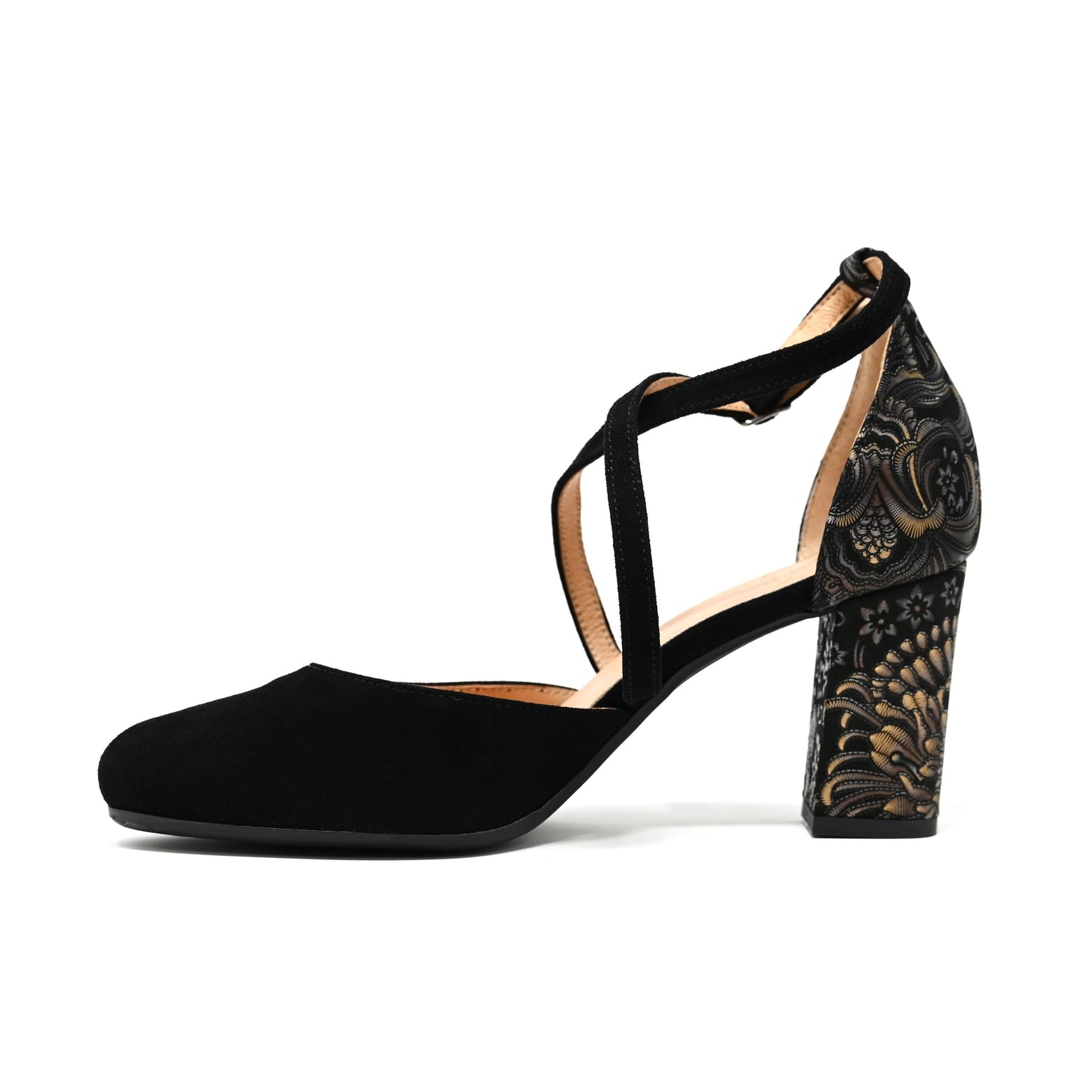 Kylie - Black & Gold Feathers Heels Embassy London 