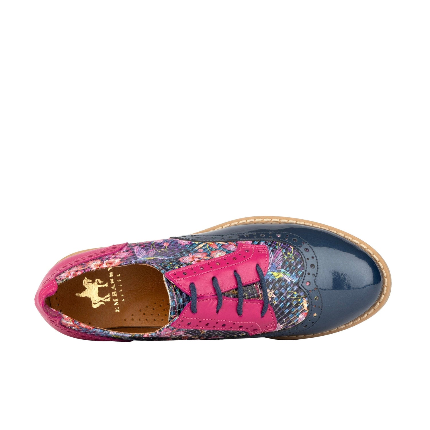 The Artist - Blue & Pink Hummingbird - Women's leather lace-up shoe with brogue detailing Womens Shoes Embassy London 