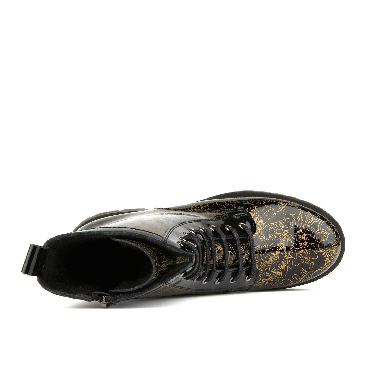 Traveller Platform - Black Gold Gloss Womens Ankle Boots Embassy London 