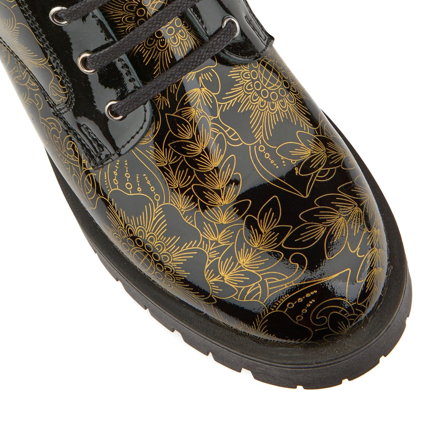 Traveller Platform - Black Gold Gloss Womens Ankle Boots Embassy London 