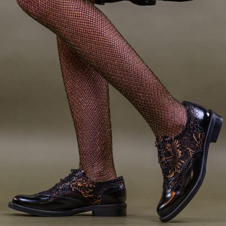 Vivienne - Black & Gold Feathers Womens Shoes Embassy London 