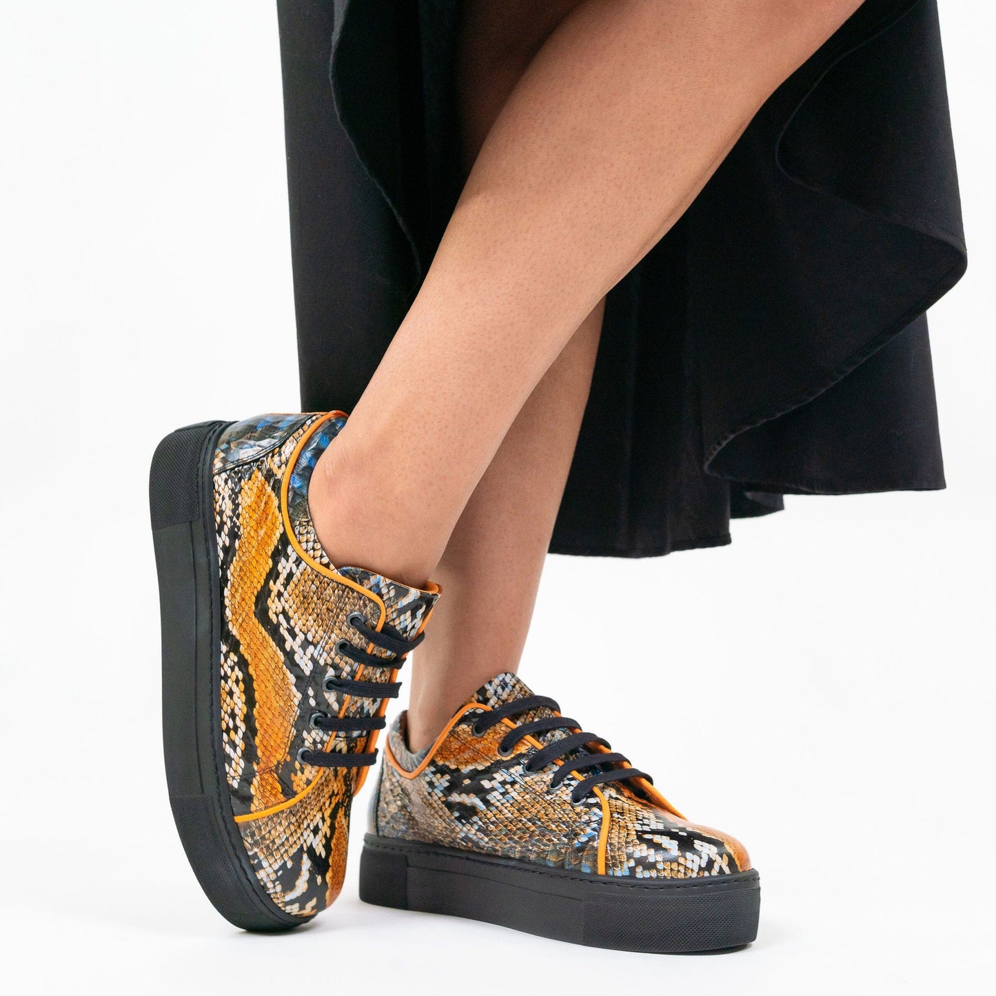 Camila - Black & Orange Snake Pattern Womens Trainers Embassy London 
