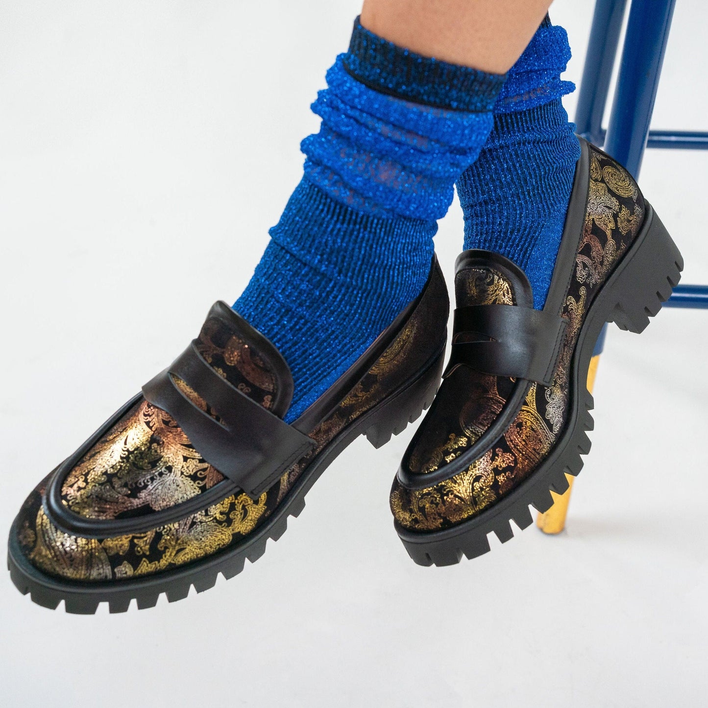 Nancy - Black & Gold Floral Womens Loafers Embassy London 