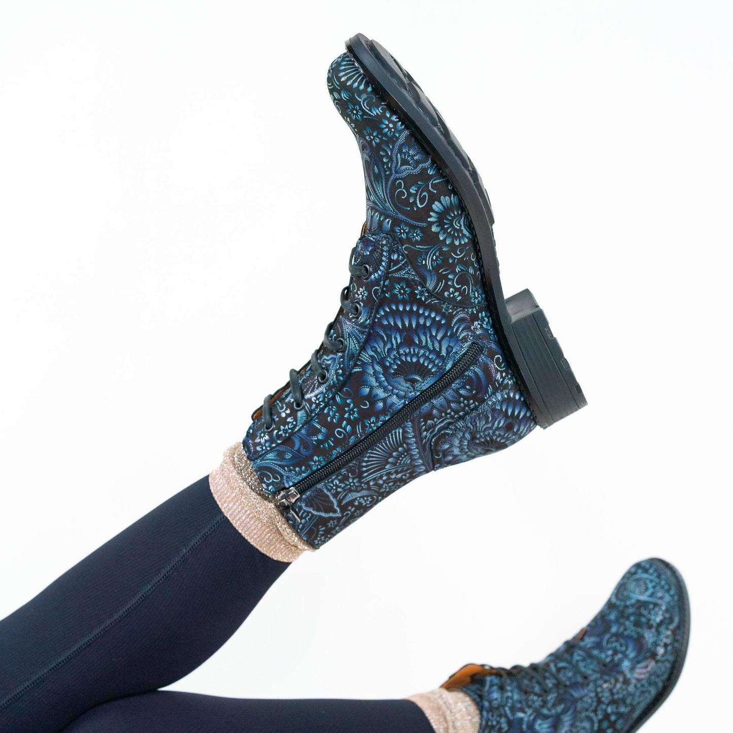 Laviva High - Black & Blue & Silver Floral Womens Ankle Boots Embassy London 