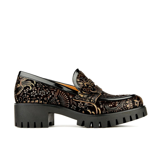 Black & Gold Feathers Womens Designer Loafers 