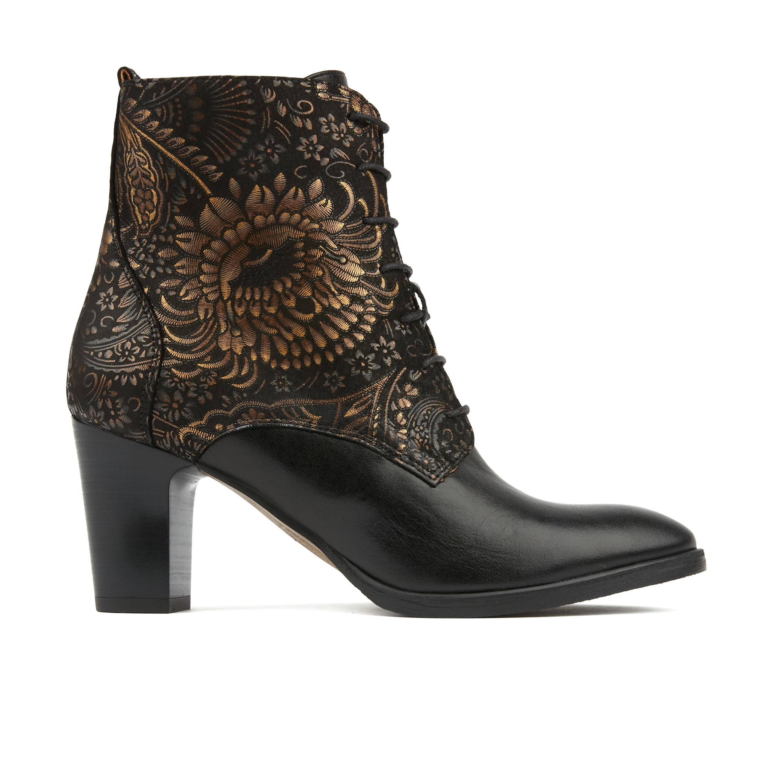 Merli -Black & Gold Feathers | Women's Ankle Boots | Embassy London USA